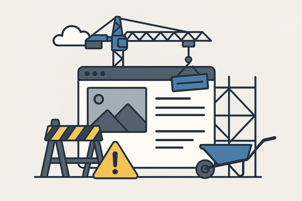 Website im Aufbau – Illustration einer Baustelle mit Kran, Baugerüst und Browserfenster, das die Entwicklung einer neuen Homepage symbolisiert.
